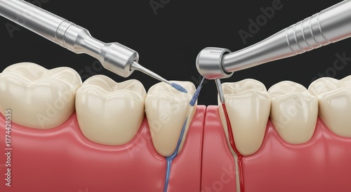 Close up of dental drills working on a tooth with a black background showing dental procedure