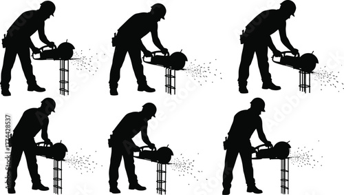 Construction worker, wearing a hard hat, cutting steel rebar with a powerful cutoff saw, generating sparks, metalwork, engineering silhouette illustration.