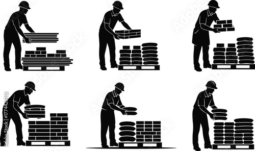Construction worker, wearing a hard hat, manually stacking and moving bricks and cement bags on a pallet, materials, silhouette illustration.