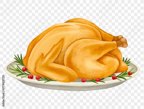 Watercolor roasted turkey illustration for Thanksgiving dinner and festive meal. Vector.