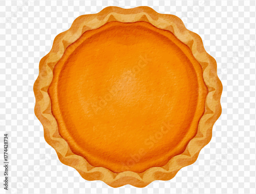 Watercolor whole pumpkin pie dessert for Thanksgiving design and celebration. Vector.