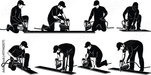 Professional construction worker kneeling, using a pneumatic air nailer to install hardwood flooring planks, renovation, home improvement, black and white illustration.