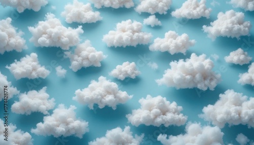 Pattern made of clouds of cotton wool on pastel blue background. Cyberpunk aesthetic concept art. Minimal surrealism.