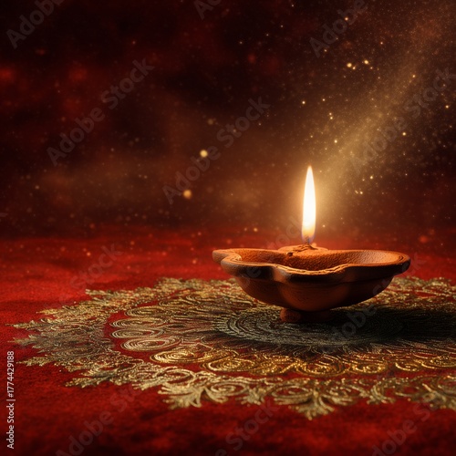 Golden Diya Lamp on Ornate Rangoli with Warm Festive Light Bokeh on a golden mandala on a red background
