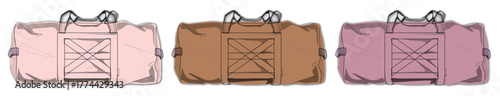 An assortment of stylish travel duffel bags in pink, brown, and purple. Vector illustration set for luggage, sport, and vacation concepts, isolated on a white background