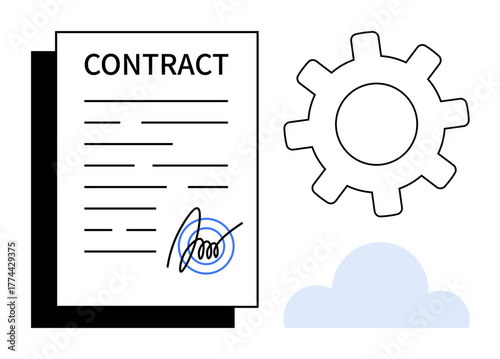 Signed contract with bold header, blue seal, gear, and cloud. Ideal for concepts thumbs up management, legal deals, innovation, workflow partnership online services technology. Simple flat