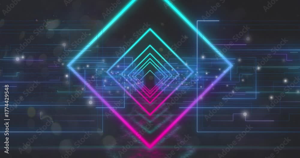 On start nested diamond frames pulsing circuit lines flickering, particles drifting forming tunnel