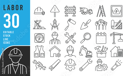 Labor day construction worker tool editable stroke line icon set building engineer foreman