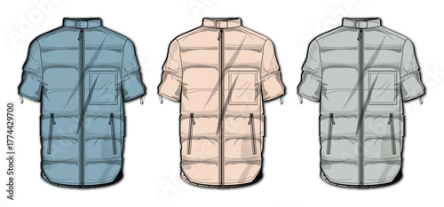 Three different colored short-sleeved puffer jackets with zipper pockets displayed on white background