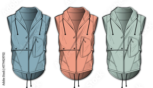 Three sleeveless utility vests in different colors blue, peach, and light green, presented in a flat design illustration