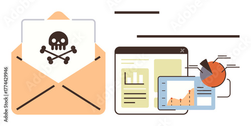Open envelope with skull and crossbones warning, data charts, and graphs. Ideal for cybersecurity, phishing, hacking, data breach, internet safety malware and online protection themes. Simple flat