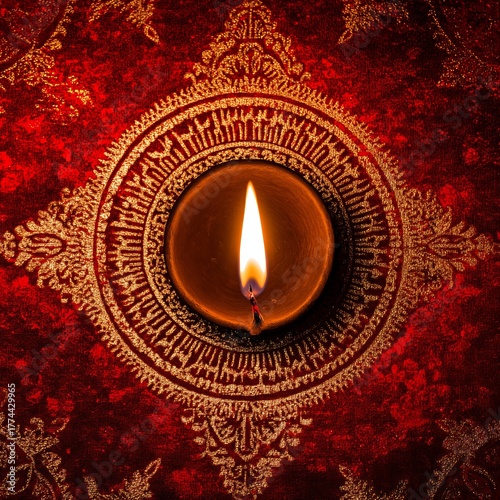 Golden Diya Lamp on Ornate Rangoli with Warm Festive Light Bokeh on a golden mandala on a red background
