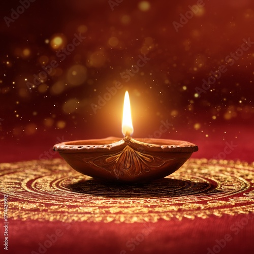 Golden Diya Lamp on Ornate Rangoli with Warm Festive Light Bokeh on a golden mandala on a red background
