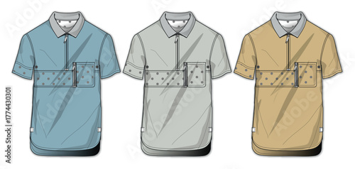 Three different color polo shirts with patterns on the chest pockets displayed from the front