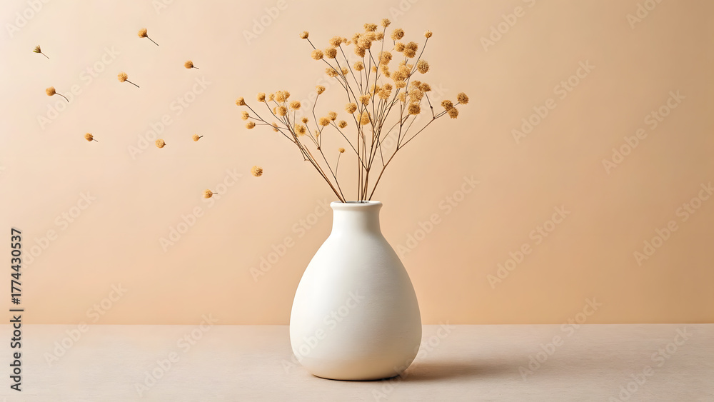 Fototapeta premium Beautiful arrangement of dried flowers in a modern vase with a neutral background