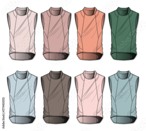 Collection of sleeveless tops in various pastel and earth tone colors, presented in a flat design illustration style