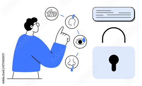 Man interacting with biometric verification options, including fingerprint, facial recognition, and eye scan, next to a secured lock icon. Ideal for cybersecurity, identity protection, data privacy