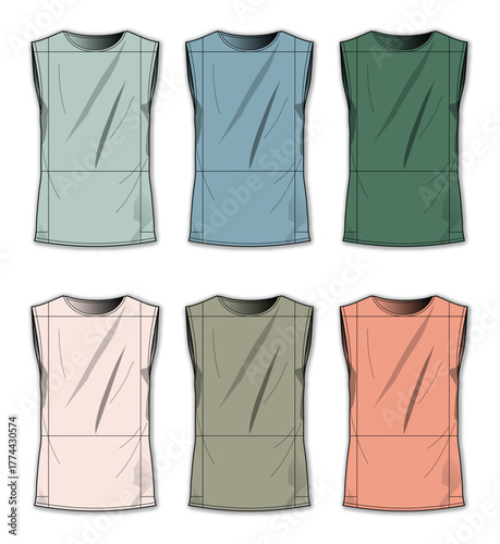 Set of fashion flat technical sketches of a women's sleeveless top in a variety of colors. Apparel design garment template vector illustration