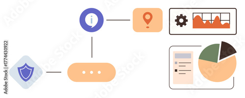 Shield icon links to flowchart with data processing, location info, graphs, and reports. Ideal for cybersecurity, data analysis, process optimization, information flow, IT systems data