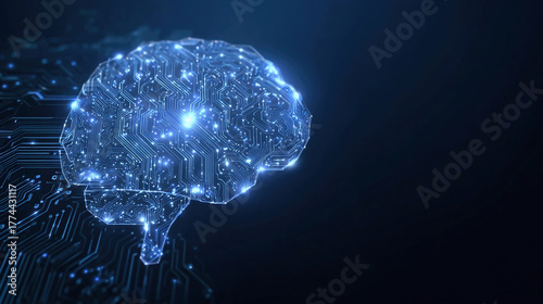 Digital AI chip integral into abstract technology brain on dark blue background. Circuit board tech bg. Low poly wireframe AI mind.