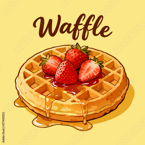 A delicious waffle illustration topped with fresh strawberries and sweet maple syrup, perfect for a classic breakfast or dessert