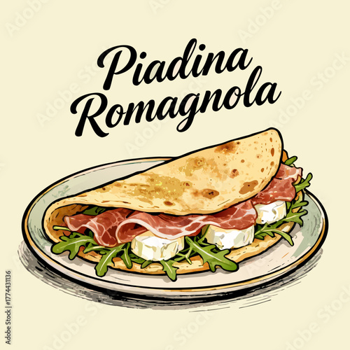 A detailed vector illustration of a traditional Italian flatbread sandwich filled with savory prosciutto, soft cheese, and fresh arugula,Piadina romagnola