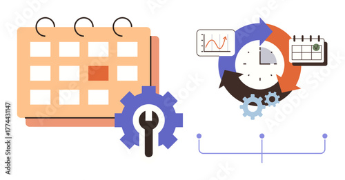 Calendar with wrench, gears, clock, and analytics chart representing productivity, scheduling, and organization. Ideal for planning, workflow, efficiency strategy productivity analytics simple