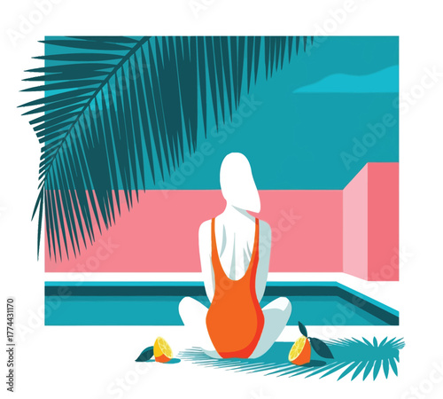 A serene woman in a swimsuit meditates by the pool under the shade of palm trees, enjoying the peacefulness and tranquility of a summer day
