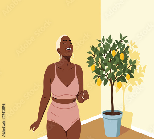 A joyful woman in pink lingerie stands next to a lemon tree, laughing and enjoying the moment, radiating happiness and positivity in a bright, sunny room