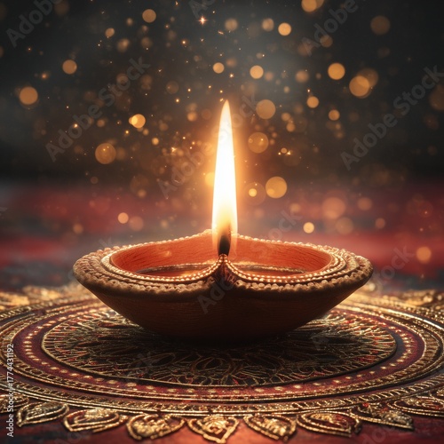 Golden Diya Lamp on Ornate Rangoli with Warm Festive Light Bokeh on a golden mandala on a red background
