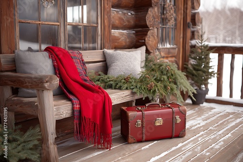 Rustic cabin porch with bench, pillows, blanket, christmas decor and vintage suitcase