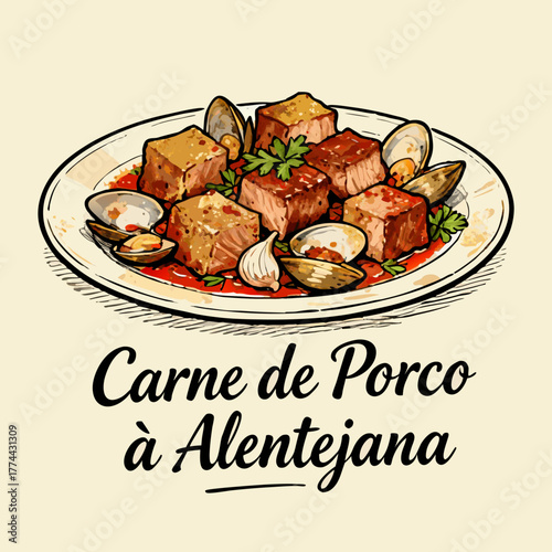A detailed vector illustration of carne de porco a alentejana, a traditional Portuguese culinary dish featuring savory pork cubes and fresh clams, a classic surf and turf meal