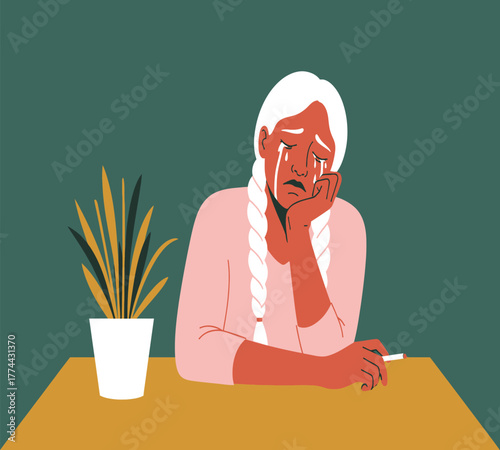 A woman with white hair is crying while smoking a cigarette at a table with a plant, showing sadness and addiction in a minimalist style