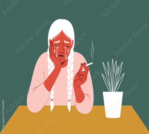 A woman with white hair is crying while smoking a cigarette at a table with a plant, showing sadness and addiction in a minimalist style