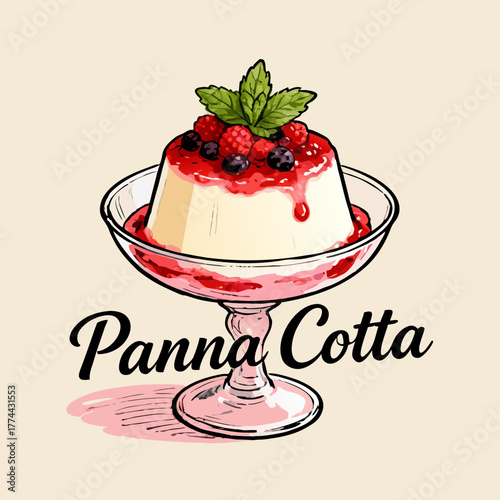 An elegant vector illustration of a classic creamy Panna Cotta, a traditional Italian dessert served in a glass bowl with a vibrant mixed berry sauce and a fresh mint garnish