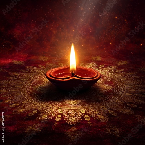 Golden Diya Lamp on Ornate Rangoli with Warm Festive Light Bokeh on a golden mandala on a red background

