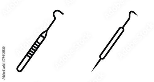 Dental Instruments Line Icon. Dentist's Tools for Tooth Medical Care Linear Pictogram. Dentistry Professional Equipment Outline Symbol. Stomatology Sign. Editable Stroke. Isolated Vector Illustration.