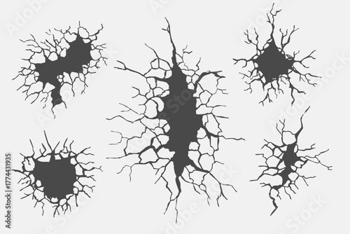 Crack concrete wall texture, floor ground broken effect. Horizontal breaks on land surface. Dry soil. Damaged by earthquake fissure and fracture.