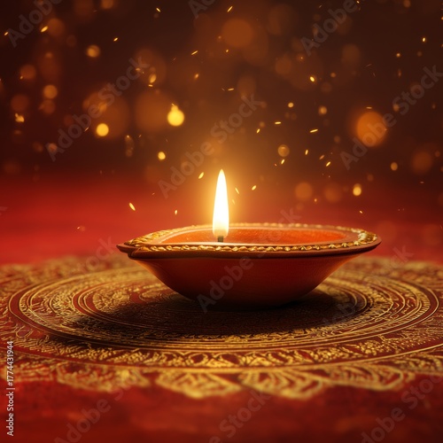 Golden Diya Lamp on Ornate Rangoli with Warm Festive Light Bokeh on a golden mandala on a red background