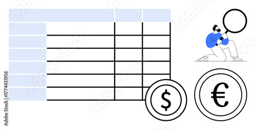 Data table alongside dollar and euro symbols as a man examines it with a magnifying glass. Ideal for business strategy, financial planning, market analysis, budgeting, accounting, data management