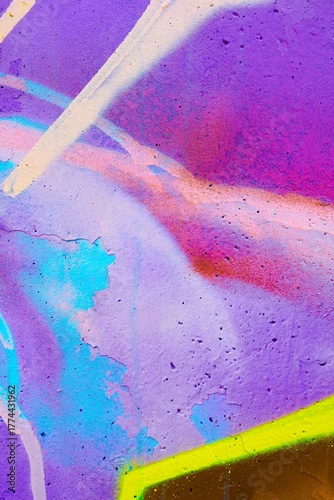 Colorful graffiti with neon purple, blue, splashes of vibrant colors. Urban 2000s style, iridescent feel, dynamic composition. Creative backdrop, street art, digital design, modern 2000s flair.