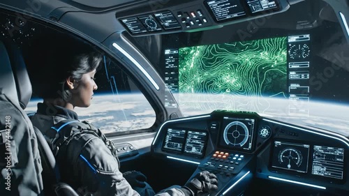 Astronaut Navigating Spacecraft A Futuristic Exploration of Earth's Landscape and Technology