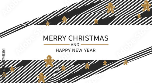 A festive Christmas and New Year greeting card design, featuring a modern striped background with gingerbread man accents and holiday wishes.