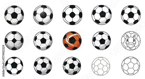A collection of soccer balls and a stylized animal face.
