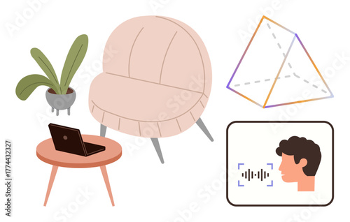Minimalist setup featuring a cozy armchair, coffee table, laptop, potted plant, wireframe pyramid, and voice recognition concept. Ideal for technology, remote work, geometry comfort innovation