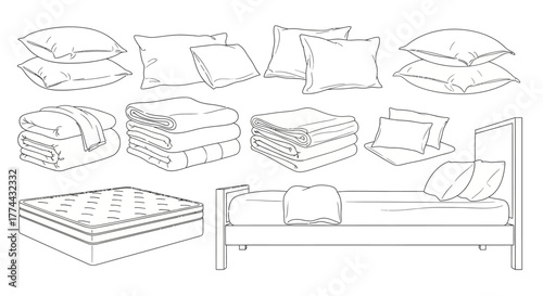 An illustration of bedding items including pillows, blankets, and a mattress on a bed frame.