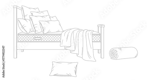 A simple line drawing of a bed with pillows and a rolled blanket.