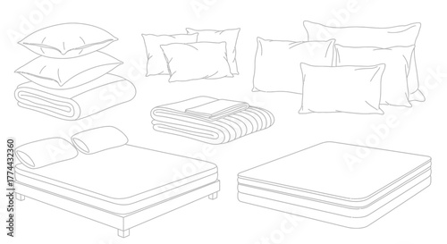 A collection of bedding items, including pillows, blankets, mattresses, and a bed frame.