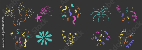 Firework Chalk hand drawn star blink, firework, glitter silhouette and glowing symbols in sketch style set. Confetti doodle grunge simple decoration.