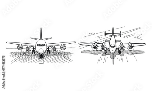 Two airplanes on tarmac, one modern jet and one vintage propeller plane
